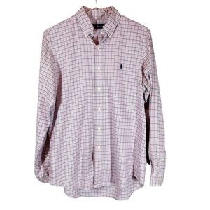 RALPH LAUREN Men's Medium 100% Cotton Pink/Blue fine Plaid Button Down Shirt
